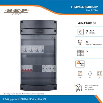 SEP Live-On Titan, LT42a-400400-C2, 40A, 3-fase groepenkast, 4-lichtgroepen,  2V-contactdoos, technische details