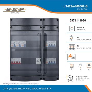 SEP Live-On Titan, LT422a-400302-B, 40A, 3-fase groepenkast, 3-lichtgroepen, 2-krachtgroepen, 1-beltrafo, technische details