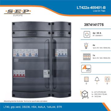 SEP Live-On Titan, LT422a-400401-B, 40A, 3-fase groepenkast, 4-lichtgroepen, 1-krachtgroepen, 1-beltrafo, technische details