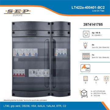 SEP Live-On Titan, LT422a-400401-BC2, 40A, 3-fase groepenkast, 4-lichtgroepen, 1-krachtgroepen, 1-beltrafo,  2V-contactdoos, technische details