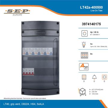 SEP Live-On Titan, LT42a-400500, 40A, 3-fase groepenkast, 5-lichtgroepen, technische details
