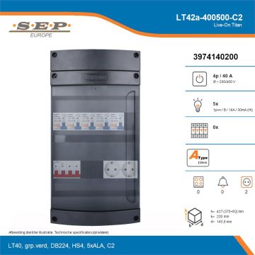 SEP Live-On Titan, LT42a-400500-C2, 40A, 3-fase groepenkast, 5-lichtgroepen,  2V-contactdoos, technische details