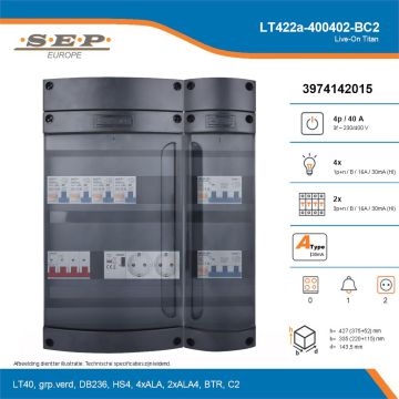 SEP Live-On Titan, LT422a-400402-BC2, 40A, 3-fase groepenkast, 4-lichtgroepen, 2-krachtgroepen, 1-beltrafo,  2V-contactdoos, technische details