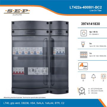 SEP Live-On Titan, LT422a-400501-BC2, 40A, 3-fase groepenkast, 5-lichtgroepen, 1-krachtgroepen, 1-beltrafo,  2V-contactdoos, technische details