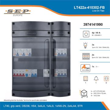 SEP Live-On Titan, LT422a-410302-FB, 40A, 3-fase groepenkast, 3-lichtgroepen, 2-krachtgroepen, 1-fornuisgroep, 1-beltrafo, technische details