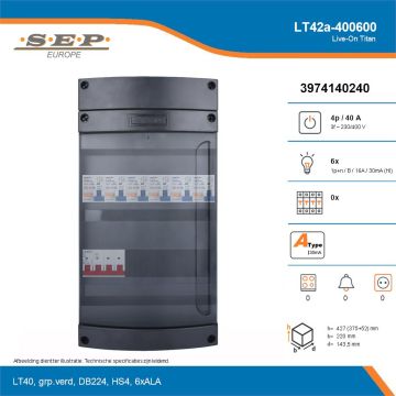 SEP Live-On Titan, LT42a-400600, 40A, 3-fase groepenkast, 6-lichtgroepen, technische details