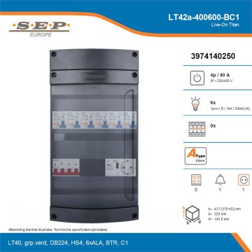 SEP Live-On Titan, LT42a-400600-BC1, 40A, 3-fase groepenkast, 6-lichtgroepen, 1-beltrafo,  1V-contactdoos, technische details