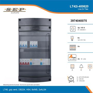 SEP Live-On Titan, LT42i-400620, 40A, 3-fase groepenkast, 6-lichtgroepen, technische details
