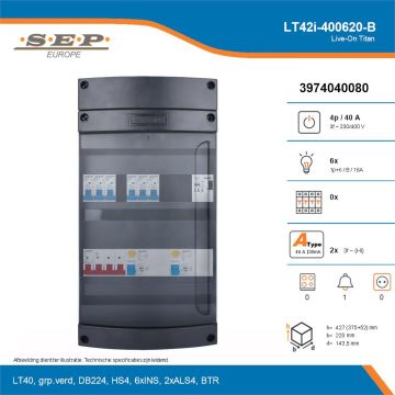 SEP Live-On Titan, LT42i-400620-B, 40A, 3-fase groepenkast, 6-lichtgroepen, 1-beltrafo, technische details