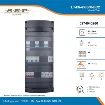 SEP Live-On Titan, LT43i-430600-BC2, 40A, 3-fase groepenkast, 6-lichtgroepen, 1-beltrafo,  2V-contactdoos, technische details