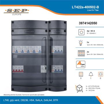 SEP Live-On Titan, LT422a-400502-B, 40A, 3-fase groepenkast, 5-lichtgroepen, 2-krachtgroepen, 1-beltrafo, technische details