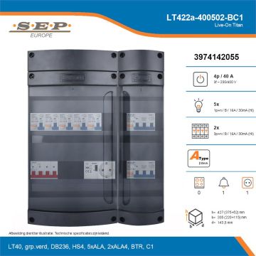SEP Live-On Titan, LT422a-400502-BC1, 40A, 3-fase groepenkast, 5-lichtgroepen, 2-krachtgroepen, 1-beltrafo,  1V-contactdoos, technische details
