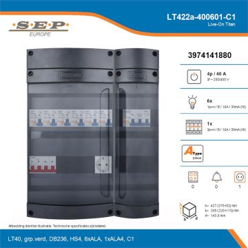 SEP Live-On Titan, LT422a-400601-C1, 40A, 3-fase groepenkast, 6-lichtgroepen, 1-krachtgroepen,  1V-contactdoos, technische details