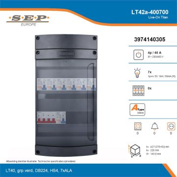 SEP Live-On Titan, LT42a-400700, 40A, 3-fase groepenkast, 7-lichtgroepen, technische details