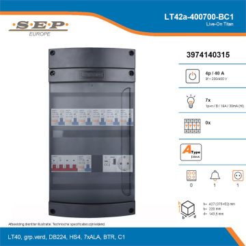 SEP Live-On Titan, LT42a-400700-BC1, 40A, 3-fase groepenkast, 7-lichtgroepen, 1-beltrafo,  1V-contactdoos, technische details