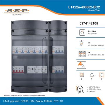 SEP Live-On Titan, LT422a-400602-BC2, 40A, 3-fase groepenkast, 6-lichtgroepen, 2-krachtgroepen, 1-beltrafo,  2V-contactdoos, technische details