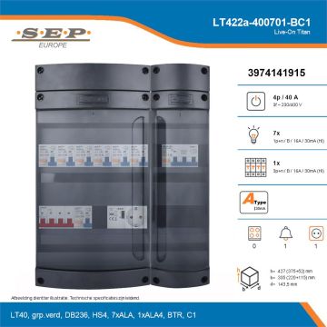 SEP Live-On Titan, LT422a-400701-BC1, 40A, 3-fase groepenkast, 7-lichtgroepen, 1-krachtgroepen, 1-beltrafo,  1V-contactdoos, technische details