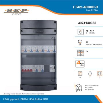 SEP Live-On Titan, LT42a-400800-B, 40A, 3-fase groepenkast, 8-lichtgroepen, 1-beltrafo, technische details