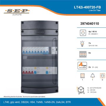 SEP Live-On Titan, LT42i-400720-FB, 40A, 3-fase groepenkast, 7-lichtgroepen, 1-fornuisgroep, 1-beltrafo, technische details