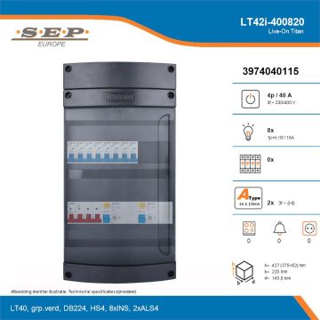 SEP Live-On Titan, LT42i-400820, 40A, 3-fase groepenkast, 8-lichtgroepen, technische details