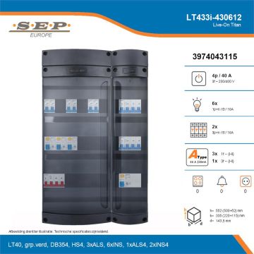 SEP Live-On Titan, LT433i-430612, 40A, 3-fase groepenkast, 6-lichtgroepen, 2-krachtgroepen, technische details