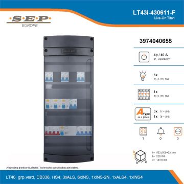 SEP Live-On Titan, LT43i-430611-F, 40A, 3-fase groepenkast, 6-lichtgroepen, 1-krachtgroepen, 1-fornuisgroep, technische details
