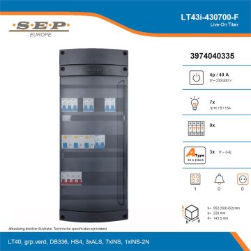 SEP Live-On Titan, LT43i-430700-F, 40A, 3-fase groepenkast, 7-lichtgroepen, 1-fornuisgroep, technische details