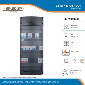 SEP Live-On Titan, LT43i-430700-FBC1, 40A, 3-fase groepenkast, 7-lichtgroepen, 1-fornuisgroep, 1-beltrafo,  1V-contactdoos, technische details