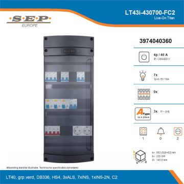SEP Live-On Titan, LT43i-430700-FC2, 40A, 3-fase groepenkast, 7-lichtgroepen, 1-fornuisgroep,  2V-contactdoos, technische details