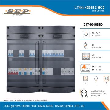 SEP Live-On Titan, LT44i-430612-BC2, 40A, 3-fase groepenkast, 6-lichtgroepen, 2-krachtgroepen, 1-beltrafo,  2V-contactdoos, technische details