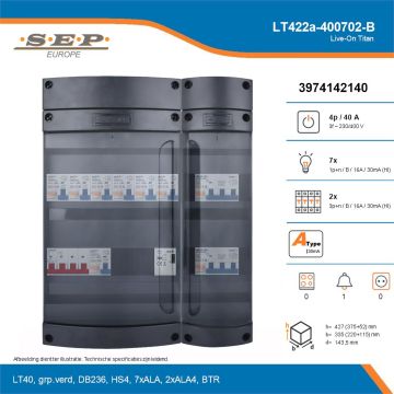 SEP Live-On Titan, LT422a-400702-B, 40A, 3-fase groepenkast, 7-lichtgroepen, 2-krachtgroepen, 1-beltrafo, technische details