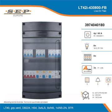 SEP Live-On Titan, LT42i-430800-FB, 40A, 3-fase groepenkast, 8-lichtgroepen, 1-fornuisgroep, 1-beltrafo, technische details