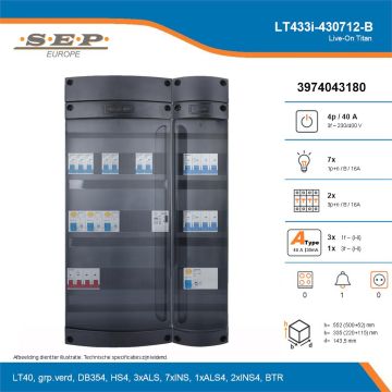 SEP Live-On Titan, LT433i-430712-B, 40A, 3-fase groepenkast, 7-lichtgroepen, 2-krachtgroepen, 1-beltrafo, technische details