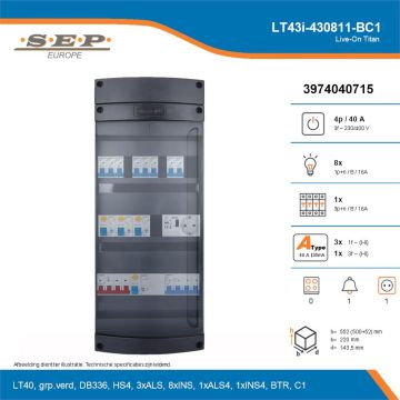 SEP Live-On Titan, LT43i-430811-BC1, 40A, 3-fase groepenkast, 8-lichtgroepen, 1-krachtgroepen, 1-beltrafo,  1V-contactdoos, technische details