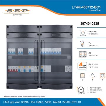 SEP Live-On Titan, LT44i-430712-BC1, 40A, 3-fase groepenkast, 7-lichtgroepen, 2-krachtgroepen, 1-beltrafo,  1V-contactdoos, technische details