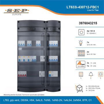 SEP Live-On Titan, LT633i-430712-FBC1, 63A, 3-fase groepenkast, 7-lichtgroepen, 2-krachtgroepen, 1-fornuisgroep, 1-beltrafo,  1V-contactdoos, technische details