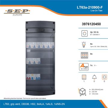 SEP Live-On Titan, LT63a-210900-F, 63A, 3-fase groepenkast, 9-lichtgroepen, 1-fornuisgroep, technische details