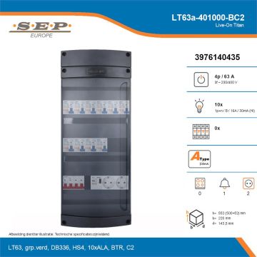 SEP Live-On Titan, LT63a-401000-BC2, 63A, 3-fase groepenkast, 10-lichtgroepen, 1-beltrafo,  2V-contactdoos, technische details