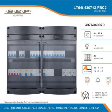 SEP Live-On Titan, LT64i-430712-FBC2, 63A, 3-fase groepenkast, 7-lichtgroepen, 2-krachtgroepen, 1-fornuisgroep, 1-beltrafo,  2V-contactdoos, technische details