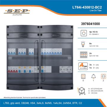 SEP Live-On Titan, LT64i-430812-BC2, 63A, 3-fase groepenkast, 8-lichtgroepen, 2-krachtgroepen, 1-beltrafo,  2V-contactdoos, technische details
