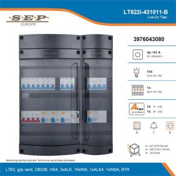 SEP Live-On Titan, LT622i-431011-B, 63A, 3-fase groepenkast, 10-lichtgroepen, 1-krachtgroepen, 1-beltrafo, technische details