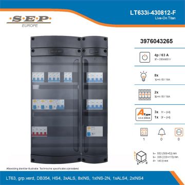 SEP Live-On Titan, LT633i-430812-F, 63A, 3-fase groepenkast, 8-lichtgroepen, 2-krachtgroepen, 1-fornuisgroep, technische details