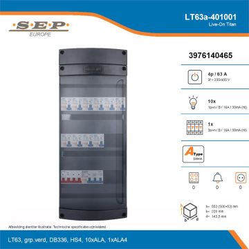SEP Live-On Titan, LT63a-401001, 63A, 3-fase groepenkast, 10-lichtgroepen, 1-krachtgroepen, technische details