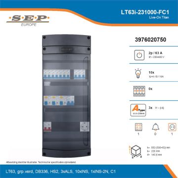 SEP Live-On Titan, LT63i-231000-FC1, 63A, 3-fase groepenkast, 10-lichtgroepen, 1-fornuisgroep,  1V-contactdoos, technische details