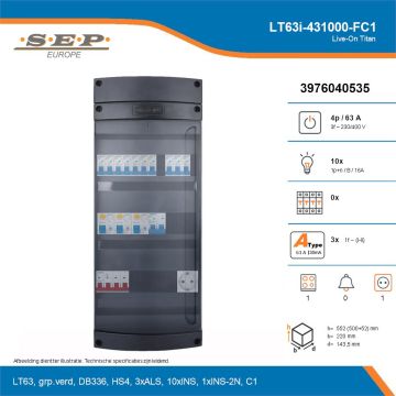 SEP Live-On Titan, LT63i-431000-FC1, 63A, 3-fase groepenkast, 10-lichtgroepen, 1-fornuisgroep,  1V-contactdoos, technische details
