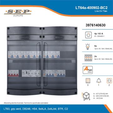 SEP Live-On Titan, LT64a-400902-BC2, 63A, 3-fase groepenkast, 9-lichtgroepen, 2-krachtgroepen, 1-beltrafo,  2V-contactdoos, technische details