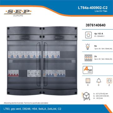 SEP Live-On Titan, LT64a-400902-C2, 63A, 3-fase groepenkast, 9-lichtgroepen, 2-krachtgroepen,  2V-contactdoos, technische details
