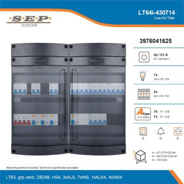 SEP Live-On Titan, LT64i-430714, 63A, 3-fase groepenkast, 7-lichtgroepen, 4-krachtgroepen, technische details