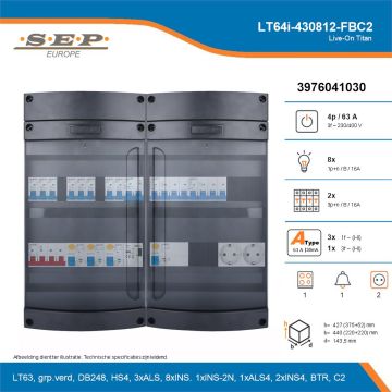 SEP Live-On Titan, LT64i-430812-FBC2, 63A, 3-fase groepenkast, 8-lichtgroepen, 2-krachtgroepen, 1-fornuisgroep, 1-beltrafo,  2V-contactdoos, technische details