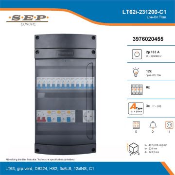 SEP Live-On Titan, LT62i-231200-C1, 63A, 3-fase groepenkast, 12-lichtgroepen,  1V-contactdoos, technische details